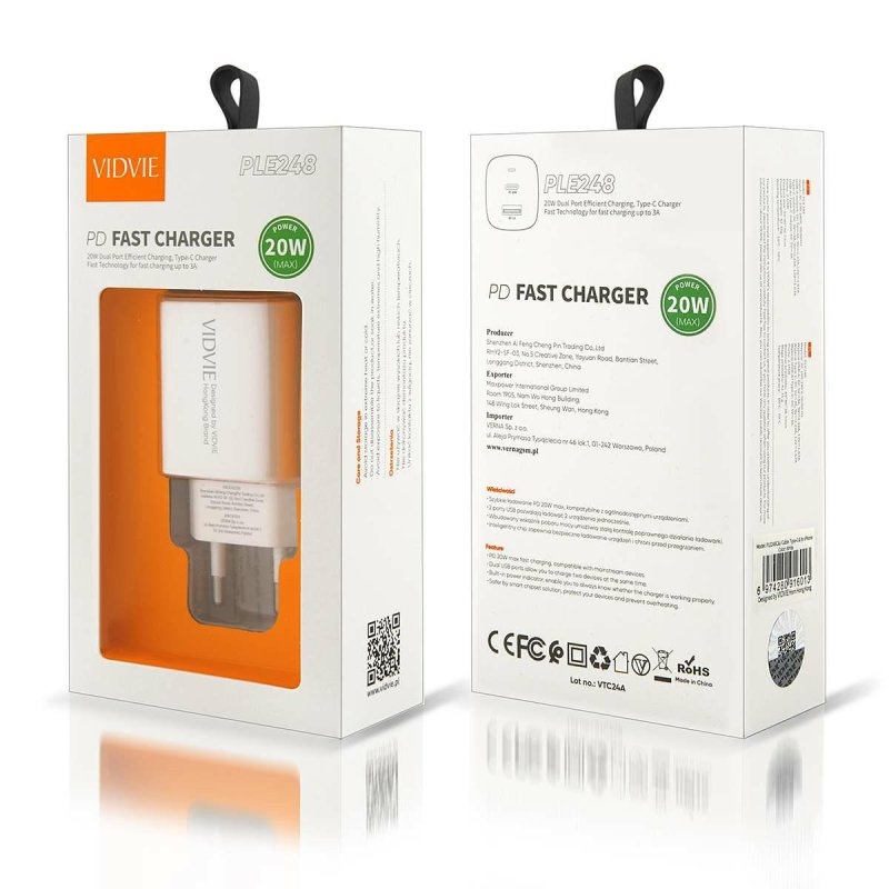 Зарядно устройство VIDVIE PLE248 220V 3A USB+Type C IP