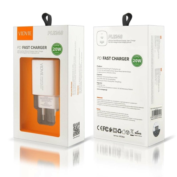 Зарядно устройство VIDVIE PLE248 220V 3A USB+Type C IP