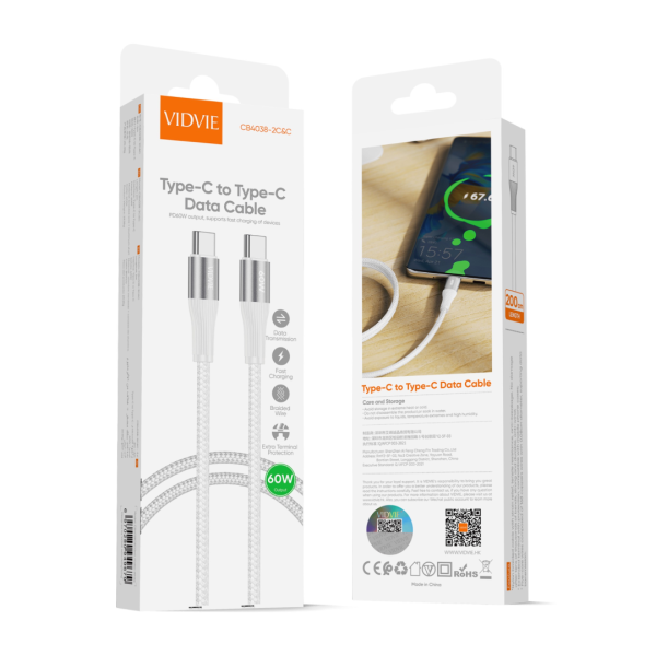 USB кабел VIDVIE CB4038 Type C to Type C 60W 2m