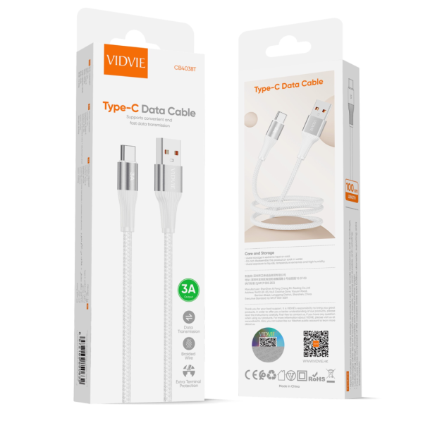 USB кабел VIDVIE CB4038 USB to Type C 5V/3A 1m