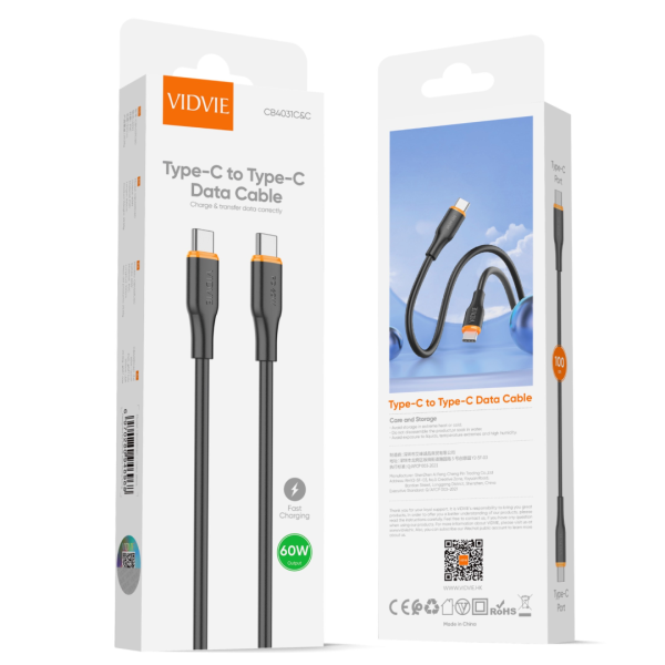USB кабел VIDVIE CB4031 Type C to Type C 60W 1m