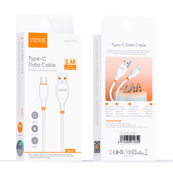 USB кабел VIDVIE CB4019 USB to Type C 5V/2.4A 1m
